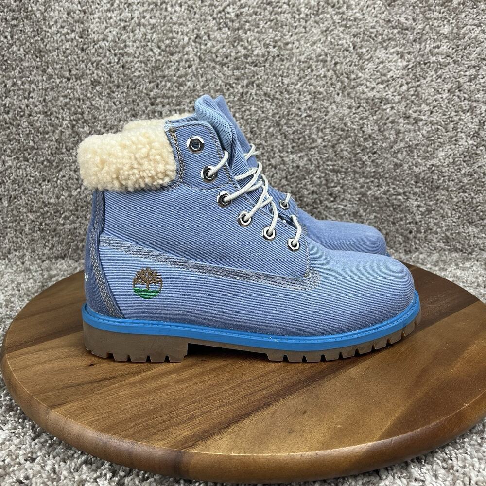 Timberland x Just Don 6” Premium Boots Girls Size 7 Blue Denim Faux Sherpa A2859